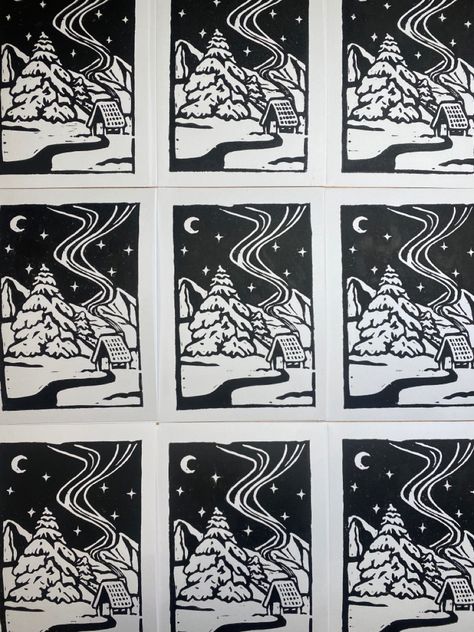 Linocut Christmas, 4 Cats, Lino Cuts, Ski Hill, Snow Art, Winter Mountain, Shop Art Prints, 2024 Christmas, Mountain Scene