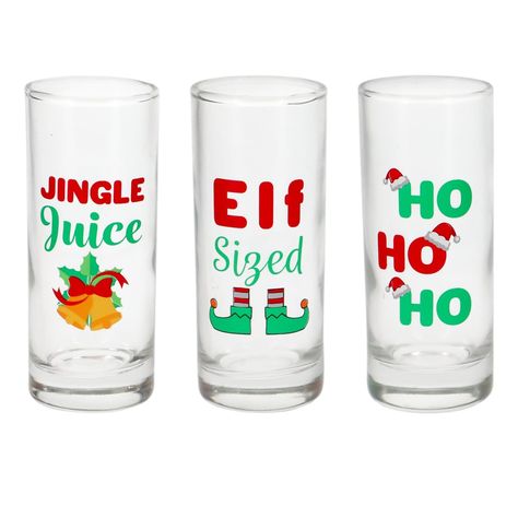 You can't rightly take a shot every time you find a burnt-out bulb on the Christmas tree lights without shot glasses. Pick up these seasonally appropriate Christmas Shot Glasses from Lexington. Each 3.5-in. tall shot glass is assorted among  "jingle juice", "elf sized", and "ho ho ho" sentiments.  Available in  Units per Case. Christmas Shot Glasses, Shot Glasses Diy, Fall Jars, Jingle Juice, Christmas Shots, Gift Exchange Games, Raffle Baskets, Old World Christmas Ornaments, Hawaiian Christmas