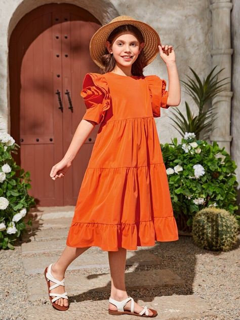 Girls Orange Dress, Shein Kids, Smocked Dresses, Samara, Ely, Orange Dress, Smock Dress, Casual Girl, Belted Dress