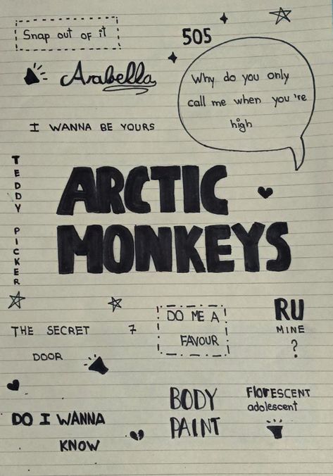 Things To Draw On Notebook Cover, Artic Monkeys Drawing Easy, Artic Monkey Nails, Arctic Monkeys Painting Ideas, Artic Monkeys Drawings, Arctic Monkeys Scrapbook, I Love This Song, Arctic Monkeys Doodles, Snap Out Of It Arctic Monkeys