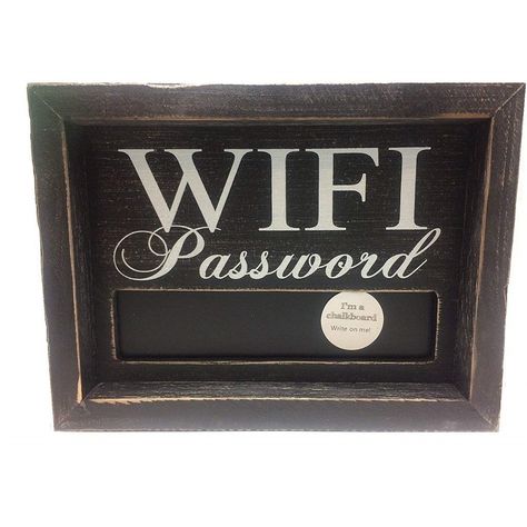 Black wooden sign that says 'WIFI Password' and a chalkboard area to write on it. Wifi Code, Vacation Rental Host, Chalkboard Writing, Wifi Password Sign, Airbnb House, Airbnb Design, Picture Hanger, Wifi Password, Framed Chalkboard