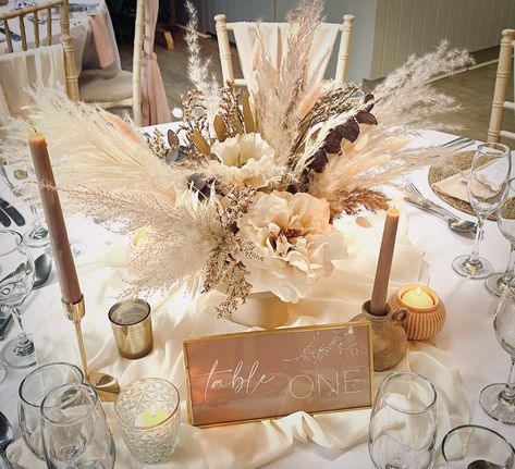 Boho centrepieces created with dried, preserved and deluxe faux flowers and grasses. The perfect arrangement for our nude footed bowls and styled with gold accents and stoneware accessories from our collection at The Artisan Wedding House. These make ideal tablescapes for rustic luxe venues such as Runa Farm in Barnard Castle Nude Wedding Theme, Boho Centerpiece, Floral Centrepiece, Wedding Theme Color Schemes, Day Planning, Barnard Castle, Engagement Decor, Gala Ideas, Neutral Wedding Colors