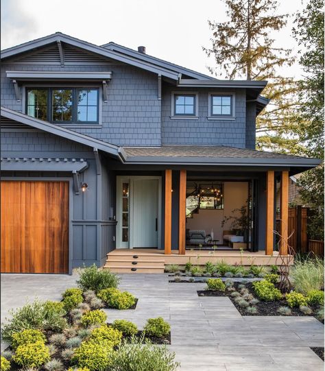 The exterior is Benjamin Moore "Temptation 1609" and the trim is "Stormy Sky 1616". Contemporary Craftsman, Craftsman Design, Paint Your House, Rustic Exterior, Pintura Exterior, Modern Craftsman, Interior Remodel, Grey Exterior, Exterior House Colors