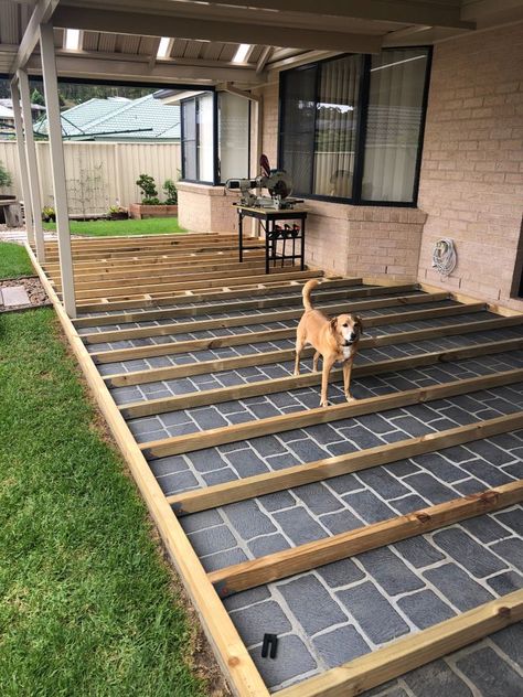 Low-level composite deck over concrete s... | Bunnings Workshop community Composite Deck Ideas, Low Deck Designs, Deck Vs Patio, Composite Decking Ideas, Wood Deck Patio, Deck Over Concrete, Deck Railing Diy, Two Level Deck, Diy Concrete Patio