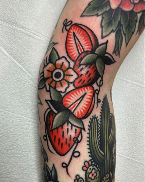 Traditional Tattoo Filler, Traditional Tattoo Woman, Peach Tattoo, Left Arm Tattoos, Strawberry Tattoo, Fruit Tattoo, Traditional Tattoo Inspiration, American Traditional Tattoo Ideas, Traditional Tattoo Flowers