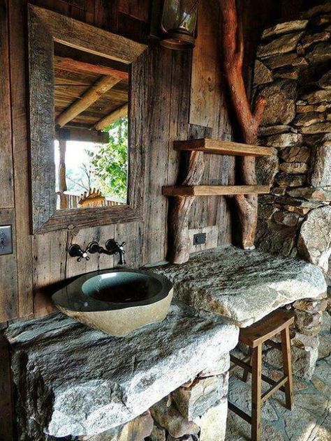 Rustic Bathroom Design 12 Stone Counter, Rustic Bathroom Designs, Outdoor Bathrooms, Rustic Bathrooms, Stone Walls, Cabins And Cottages, Natural Home Decor, Rustic Living, Rustic Bathroom