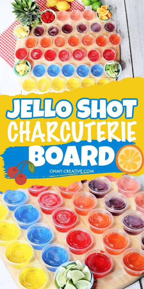 Create the ultimate party drink board with this Jello Shot Charcuterie Boards!  Experience a burst of flavors with a variety of fruity jello shots paired with variety of garnishes. Impress guests when they arrive with this clever party tray. Enjoy a selection of vodka jello shot recipes perfect for any occasion! #JelloShots #CharcuterieBoard #PartyIdeas Jello Shots Display Party Ideas, Jell-o Shot Charcuterie Board, Shot Board Ideas, Jello Shot Charcuterie Board, Shot Charcuterie Board Ideas, Shot Charcuterie Board, Shot Cuterie Board Ideas, Vodka Jello Shot Recipes, Cocktail Charcuterie Board