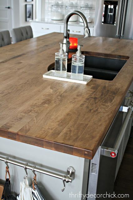 How To Finish Wood Countertops, Butcher Block Countertops Sink, Sealing Wood Countertops, Undermount Sink With Butcher Block, How To Stain And Seal Butcher Block, Wood Island With Sink, Butcher Block Island With Sink, Stained Wood Countertops, Wood Countertop Island