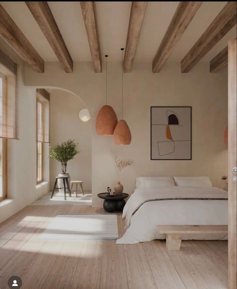 Bedroom Inspirations Master Cozy, Earth Tones Bedroom Decor, Scandinavian Interior Design Inspiration, Bedroom Inspirations Master, Italy Architecture, Scandinavian Interior Design, Wooden Beams, Cozy Decor, Decoration Inspiration