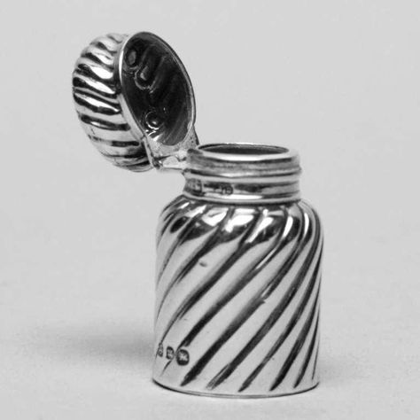 For Sale on 1stDibs - Handsome small sterling silver travel bottle in traditional twisted swirl pattern. Hallmarked: Birmingham, 1891. Can be used as a pill container. Smooth Palette Aesthetic, Mechanic Engineering, Pill Container, A Pill, Fragrance Bottle, Pill Bottles, Travel Bottles, Swirl Pattern, Pill Boxes