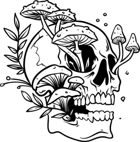 Skull Mushroom Drawing, Mushroom Tattoo Stencil, Mushroom Skull Tattoo, Skull Mushroom Tattoo, Hermit Tattoo, Mushroom Skull, Mushroom Svg, Tats Ideas, Crystal Drawing