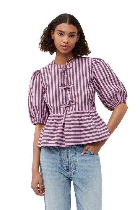 Bonbon Striped Cotton Poplin Peplum Tie Blouse | GANNI US Streetwear Blouse, Womens Blouses Summer, Slim Blouse, Plaid And Leopard, Crop Top Casual, Ribbed Dress, Top Streetwear, Short Sleeve Pattern, Peplum Blouse