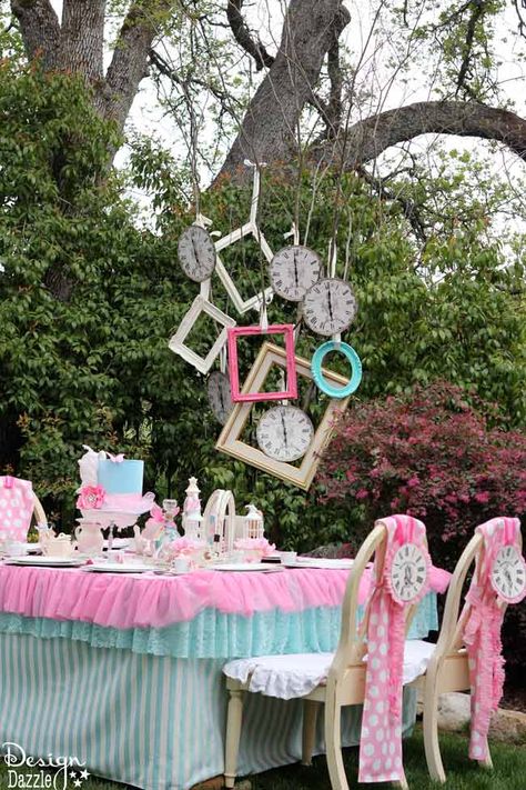 Vintage Glam Alice in Wonderland party with DIY tips, tutorials and repurposing ideas. Party designed by Toni Roberts - MichaelsMakers Design Dazzle Alice In Wonderland Decorations, Aqua Party, Alice In Wonderland Tea Party Birthday, Alice Tea Party, Alice In Wonderland Wedding, Mad Hatter Party, Alice In Wonderland Birthday, Alice In Wonderland Theme, Alice In Wonderland Tea Party