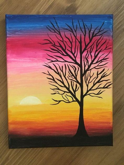 Easy Landscape Paintings Ideas for Beginners, Simple Canvas Paintings, Sunrise Painting, Easy Acrylic Painting Ideas for Beginners Tree Painting Easy, Acrylic Painting Step By Step, Lukisan Lanskap, Easy Landscape Paintings, Painting Step By Step, Beginners Painting, Abstract Tree Painting, Seni Pastel, Night Sky Painting