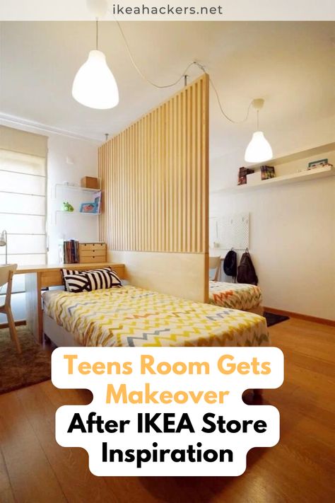 This hack is for our soon-to-be teenagers room. It consists of a KARLBY worktop turned into a desk/bed headboard, ESPEVÄR Slatted mattress bases that double as couches during the day, and also an idea for a room divider after a visit to the IKEA store. Follow along for more easy Ikea hacks ad DIY home decor ideas! Room Divider Ideas Bedroom, Ikea Bed Slats, Kids Room Divider, Bedroom Divider, Cama Ikea, Store Inspiration, Teens Room, Kids Shared Bedroom, Diy Room Divider