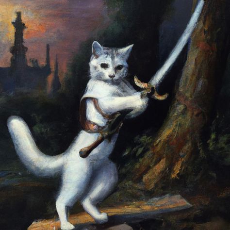 A Realism painting of Inigo the Cat, ready for battle while brandishing his sword. Available on everything from stickers to wall art! Realism Painting, Warrior Cats, Realism, Cat Art, Art Inspo, Victorious, Comics, Wall Art, Wall