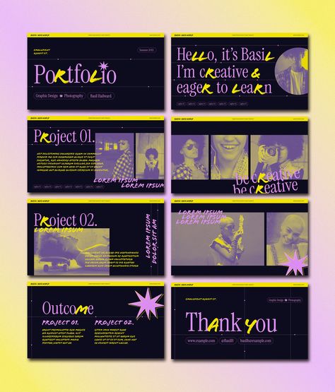 Vibrant yellow and purple accents give this retro-inspired portfolio a modern twist. Perfect for creative professionals looking to make a bold Print Portfolio, Ppt Template Design, Instagram Design Creative, Printed Portfolio, Ppt Design, Creative Graphic Design, Yellow And Purple, Purple Accents, Purple Design