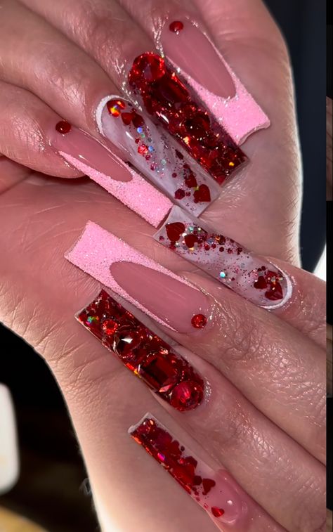 Extra Valentines Day Nails, Bling Valentines Nails, Xl Valentines Day Nails, Red Valentines Day Nails Acrylic Long, Blinged Out Valentine Nails, Long Valentines Day Nails, Xxl Valentines Day Nails, Extravagant Valentines Day Nails, Valentines Nail Set