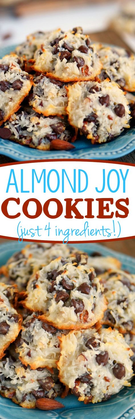 These easy Almond Joy Cookies take just four ingredients and don't even require a mixer! No beating, no chilling, just mix 'em up and throw 'em in the oven EASY! You're going to love these ooey gooey fabulous cookies! // Mom On Timeout #almondjoycookies #almond #coconut #chocolate #cookies #recipe #momontimeout Cookies Marshmallow, Fluff Recipes, Joy Cookies, Almond Joy Cookies, Homemade Marshmallow, Cookies Homemade, Marshmallow Treats, Cookies Easy, Almond Joy