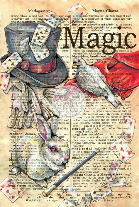 "Magic" Mixed Media Drawing on Dictionary Page - prints available at www.etsy.com/shop/flyingshoes - flying shoes art studio Mixed Media Drawing, Media Drawing, Otto Schmidt, Newspaper Art, Gift Drawing, Book Page Art, Dictionary Page, 카드 디자인, Dictionary Art