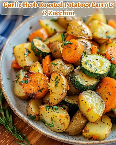 Roasted Veggie Delight  Ingredients: 4 cups potatoes, diced 2 cups carrots, sliced 2 cups zucchini, sliced 2 tbsp olive oil 1 tsp garlic powder 1 tsp Italian seasoning 1/2 tsp salt 1/2 tsp black pepper Directions: Preheat oven to 400°F (200°C). In a large bowl, combine potatoes, carrots, and zucchini. Drizzle olive oil over the veggies and toss to coat evenly. Sprinkle garlic powder, Italian seasoning, salt, and black pepper over the veggies. Mix well. Spread the veggies in a single layer on a baking sheet. Roast in the preheated oven for 25-30 minutes, stirring halfway through, until veggies are tender and golden brown.  ￼ Zuchinis Recipe Dinner, Roasted Veggie Medley, Roasted Potatoes Carrots, Carrots And Zucchini, Pan Dishes, Roasted Potatoes And Carrots, Crispy Garlic, 2024 Recipes, Baking Stuff