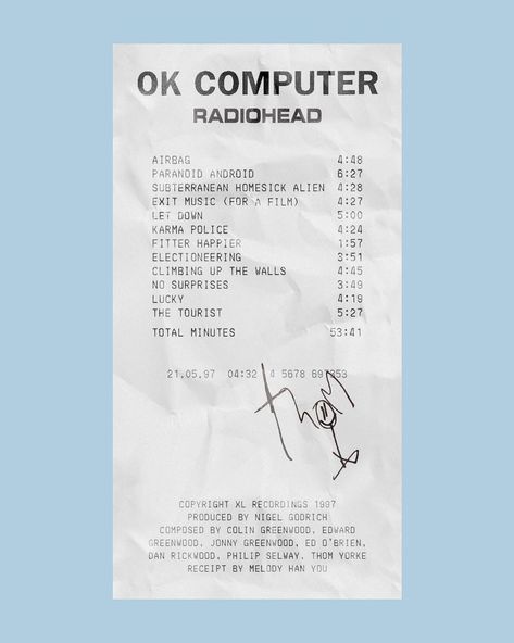 ALBUM RECEIPTS on Instagram: ““Ok Computer” by Radiohead (@radiohead)” Concert Receipt, Album Receipts, Paranoid Android, Art Brochures, Minimalist Music, Ok Computer, The Jam Band, Musical Band, Movie Poster Art