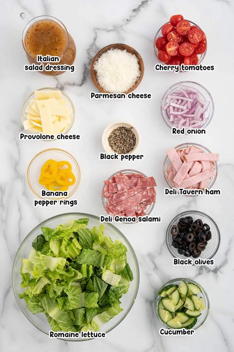 Sub Sandwich in a Bowl ingredients. Subway Salad Ideas, Sub In A Tub Salad Meal Prep, Sub Sandwich In A Bowl, Sub Salad Bowl, Sub Tub Salad, Keto Sandwich Bowl, Sub In A Tub Salad Keto, High Protein Sub In A Tub, Healthy Sub In A Tub