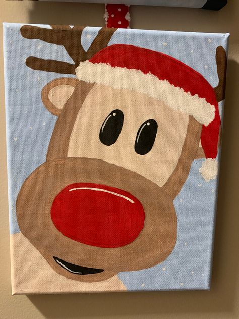 Easy Things To Paint Christmas, Rudolph Painting Canvas, Easy Small Christmas Painting, Christmas Themed Canvas Paintings, Easy Christmas Canvas Art, Merry Christmas Painting On Canvas, Christmas On Canvas Ideas, Valentines Canvas Painting Ideas Easy, Canvas Painting For Christmas