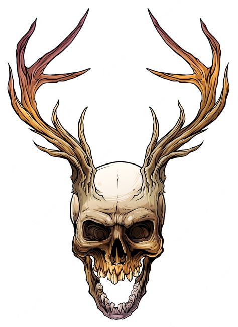 Magical Creatures Mythology, Antler Tattoo, Deer Skull Tattoos, Skull Art Tattoo, Skull With Horns, Deer Horns, Deer Horn, Dark Art Tattoo, Knee Tattoo