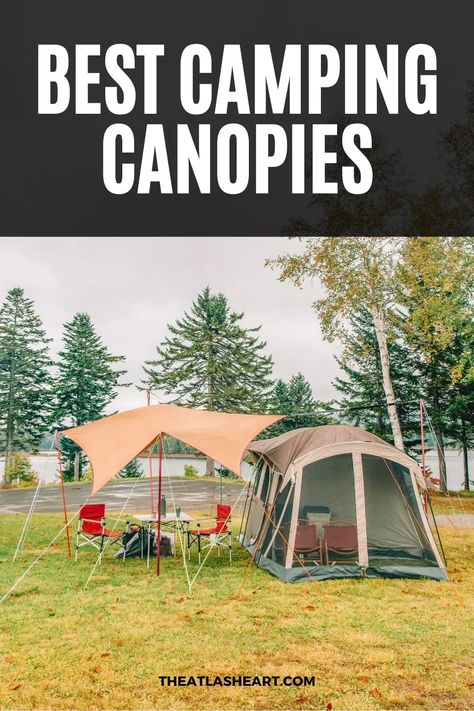 Our picks for the best camping canopies! If you want to make sure your next outdoor camping trip doesn't get ruined by the weather, you need a camping canopy. Camping canopies provide protection from rain, wind, and sun. And there's a camping canopy for every budget and style of camper out there. Click through to find the perfect camping shelter for you! #campingcanopy #canopytent #campingtarp #camping #campinggear Canopy Over Tent Camping, Camping Canopy Ideas, Camping Awning Ideas, Camping Shade Ideas, Camping Shelter Ideas, Homemade Canopy, Porch Tent, Rain Tent, Camper Inspiration