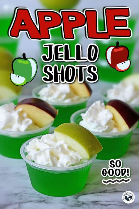 An incredible treat for your next party, everyone will love these Apple Jello shots. Fun to serve, easy to make, and a colorful eye-catching addition to your party table. Appletini Jello Shots, Apple Vodka Jello Shots, Green Apple Jello Shots, Jello Shots With Vodka, Shots With Vodka, Apple Jello Shots, Jello Shots Vodka, Apple Vodka, Shot Recipes