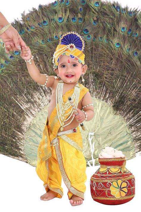 Celebrate your Janmashtami with your baby Krishna at home. Krishna Mukut, Krishna Costume, About Krishna, Fancy Dress Ideas, Krishna Dress, Baby Fancy Dress, Dress For Baby, Baby Krishna, Krishna Janmashtami