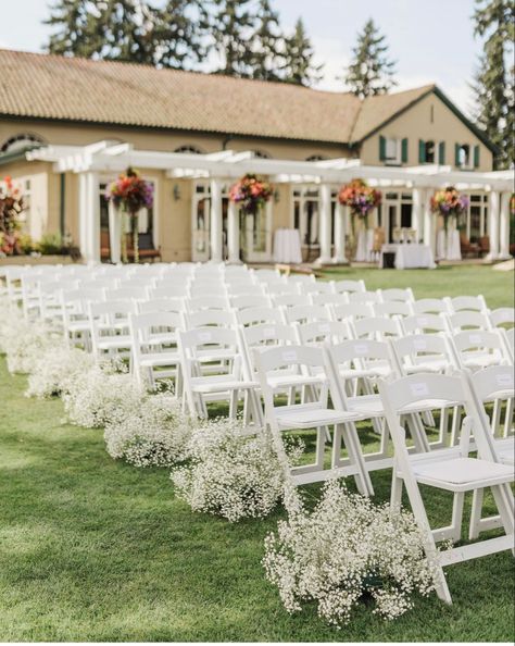 End Of The Aisle Decor, Isle Chair Decorations Wedding, White Wedding Chair Decorations, White Chair Ceremony, Decor Down The Aisle, Gypsophila Wedding Aisle, Wedding Flowers For Aisle, Ceremony Aisle Decor Outdoor Simple, Baby’s Breath Aisle Decor