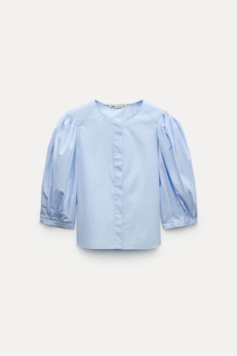 ZW COLLECTION PUFF SLEEVE BLOUSE - Light blue | ZARA Spain Balloon Sleeve Blouse, Zara Blouse, Cardigan Sweater Dress, Cardigan Sweater Jacket, Zara Kids, Leather Shirt, Puff Sleeve Blouse, Zara Woman, Linen Blazer