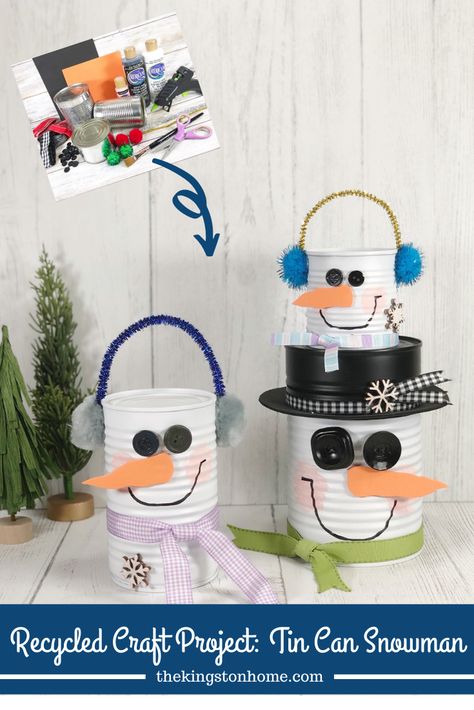 Recycled Craft Project: Tin Can Snowman - The Kingston Home: Grab some cans out of the recycling bin and let's make a recycled craft project! These metal can snowmen are quick and easy to create with the kiddos in an afternoon with a few supplies from the Dollar Store. via @craftykingstons Tin Can Snowman, Can Snowman, Arctic Art, Recycle Craft Projects, Snowman Art, Orange Craft, Recycled Tin Cans, Small Snowman, Diy Crafts For Teens