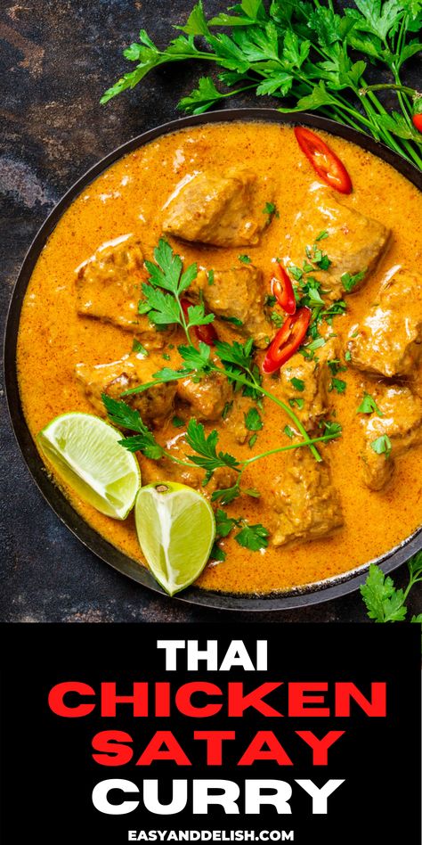 Chicken Satay Dinner, Satay Curry Recipe, Chicken Satay Curry Recipe, Chicken Thai Curry Recipe, Satay Chicken Curry, Crockpot Thai Recipes, Thai Satay Chicken, Slow Cooker Chicken Satay, Thai Crockpot Recipes