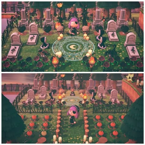 Spooky House Animal Crossing, Halloween Decorations Animal Crossing, Animal Crossing Graveyard Ideas, Haunted Animal Crossing Island, Acnh Island Design Ideas Halloween, Witchcore Acnh Island, Acnh Spooky Cottagecore, Acnh Goth Builds, Witch Aesthetic Animal Crossing