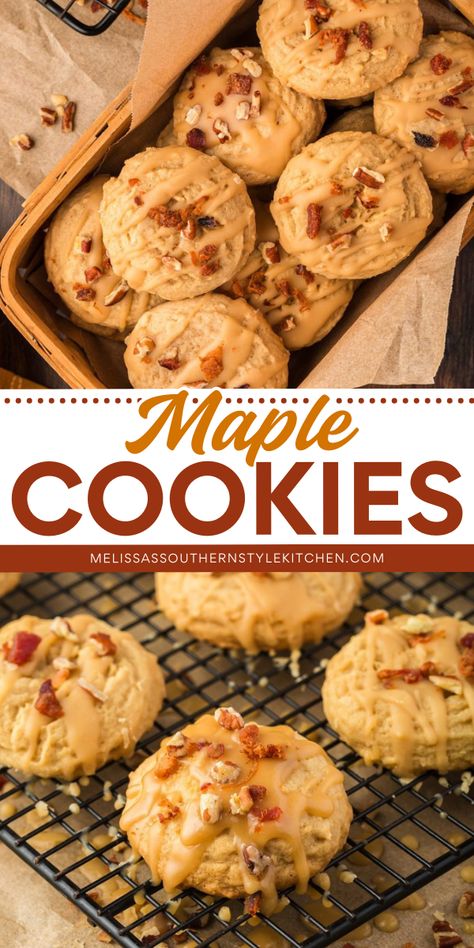 Indulge in the deliciousness of brown sugar Maple Cookies with this easy recipe. These homemade cookies are drizzled with a buttery sweet maple glaze that can be garnished with a sprinkle of toasted pecans, crispy bacon or both! Maple Spice Cookies, Seasonal Baked Goods, Maple Pecan Cookies Recipe, Recipes That Use Maple Syrup, Bacon Maple Cookies, Cookies With Bacon, Marry Me Cookies, Maple Bacon Cookies, Maple Cookies Recipe