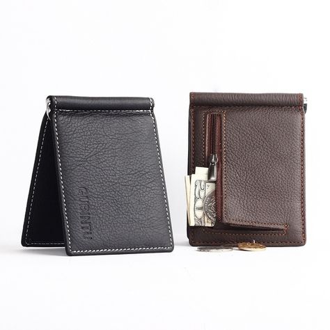 Men Slim Bi-fold Cowhide Wallet with Money Clip and Card Slots 2 Colors Leather Money Clip, Leather Money Clip Wallet, Wallet With Coin Pocket, Leather Money Clips, Slim Leather Wallet, Man Purse, Luxury Wallet, Clip Wallet, Coin Bag