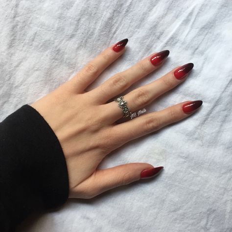 Ombre nails red to black almond shaped Red Black Ombre Nails Almond, Black And Red Ombre Nails Almond, Red And Black Almond Nails, Nail Ballerina, Almond Nails Red, Fall Almond Nails, Red Almond, Ig Baddie, Almond Acrylic Nails Designs