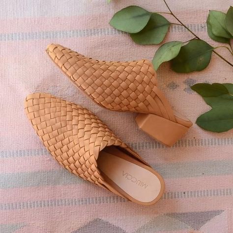 womens fashion shoes. sandals, flats, cream, brown, neutral Heels Images, Sandal Kulit, Almond Color, Woven Mules, Clogs And Mules, Woven Shoes, Palette Color, Boho Leather, Women's Mules