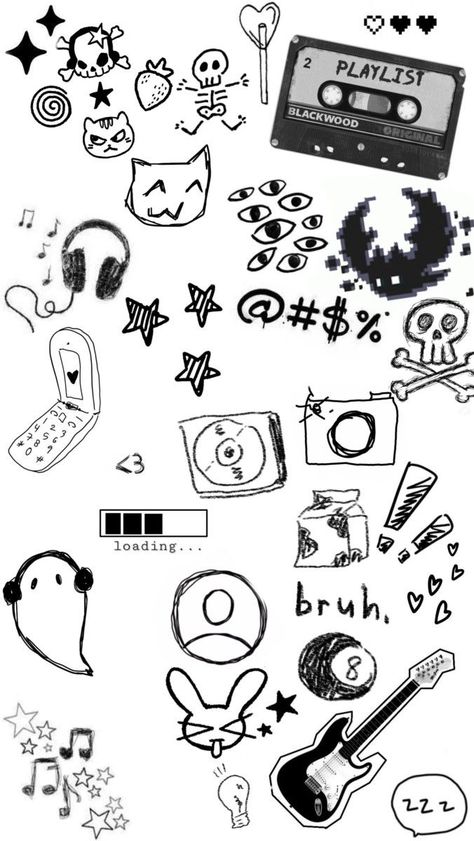 Cute Black And White Doodles, Cute Doodle Collage, Sticker Doodles Aesthetic, Doodle Art Black Background, Black And White Doodles Aesthetic, Mini Sketch Ideas, White Aesthetic Stickers, Stickers To Draw, Converse Drawings