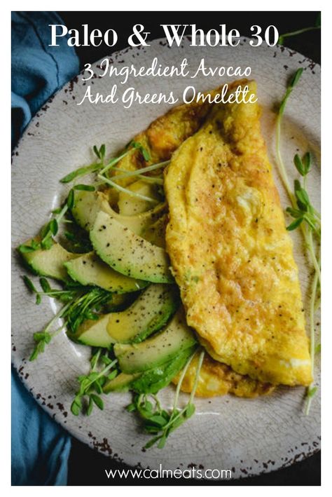 Delicious doesn’t have to be complicated. Check out this quick 3 ingredient omelette you can whip up and have for breakfast, lunch or dinner. #omelette #eggs #avocado #breakfast #brunch #whole30food #whole30 #quickwhole30recipes #calmeats #paleo #paleofood #vegetarian #grainfree #glutenfree #dairyfree Eggs Avocado Breakfast, Dinner Omelette, Omelette Recipe Easy, Paleo Dinners, Eggs Avocado, Paleo Side Dishes, Whole 30 Breakfast, Omelette Recipe, Avocado Breakfast