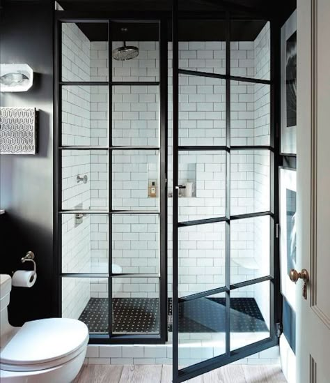 The World's Most Beautiful Shower Enclosures Steel Frame Doors, Manhattan Apartment, Black Steel Frame, Bad Design, Bathroom Renos, Dream Bathroom, Shower Enclosure, Beautiful Bathrooms, Glass Doors