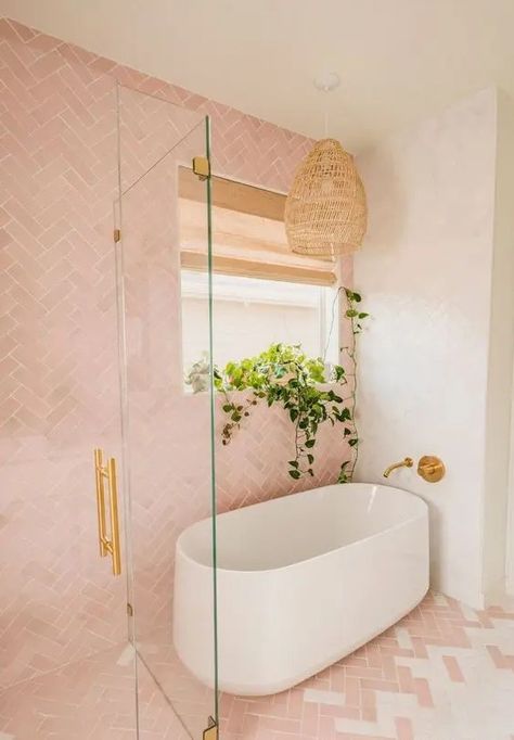 Herringbone Tile Bathroom, Pastel Bathroom, Herringbone Tile, Boho Modern, Pink Bathroom, In The Corner, Dream Bathroom, Bath Tub, Beautiful Bathrooms