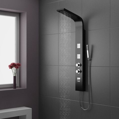 Maverick Thermostatic Shower Panel | Black | Victorian Plumbing.co.uk Bathroom Trends 2020, Small Bathroom Trends, Shower Tower Panel, Shower Tower, Bathroom Shower Panels, Doorless Shower, Dream Shower, Shower Columns, Bathroom Design Trends