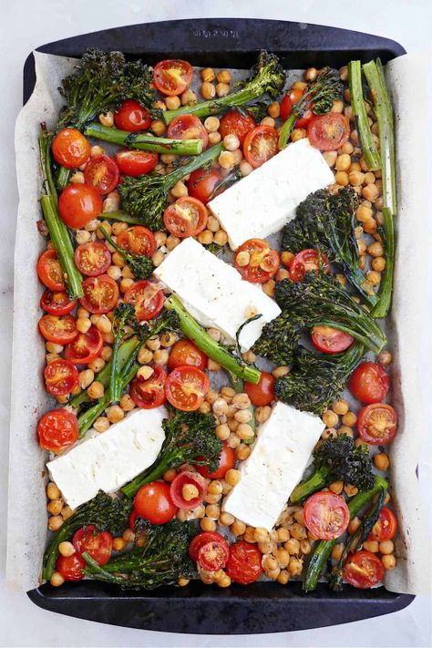 Vegetarian Sheet Pan, Baked Feta Recipe, Mustard Salmon, Basil Vinaigrette, Baked Feta, Feta Pasta, Baked Vegetables, Whip It, Different Vegetables