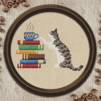 A sweet gray tabby cat is caught in the act of touching a cup of coffee balanced on a stack of books. Full color chart. Folded pattern leaflet size: 5.5 x 8.5 inches.  Pattern is stitched on 28 ct Mushroom Lugana using DMC threads. Stitch count is 52w x 36h. Tabby Cat Cross Stitch Pattern, Book Cross Stitch Pattern Free, Sarcastic Cross Stitch Patterns Free, Reading Cross Stitch, Cat Cross Stitch Pattern Free, Book Cross Stitch Pattern, Cross Stitch Coffee, Books Cross Stitch, Geeky Cross Stitch Patterns