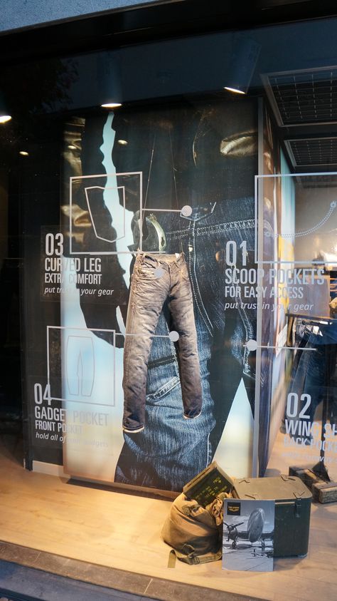 G-STAR RAW, Utrecht, Holland,"Denim Exposed", pinned by Ton van der Veer Denim Window Display, Denim Display, Retail Branding, Fashion Displays, Window Decorations, Creative Concept, Store Interior, Window Clings, Booth Design