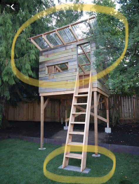 Tree House No Tree, No Tree Treehouse, Simple Tree Fort, Tree House Add Ons, Basic Tree House, Easy Treehouse Ideas, Tree House Without A Tree, Tree House Ideas For Kids, Treehouse Ideas Kids